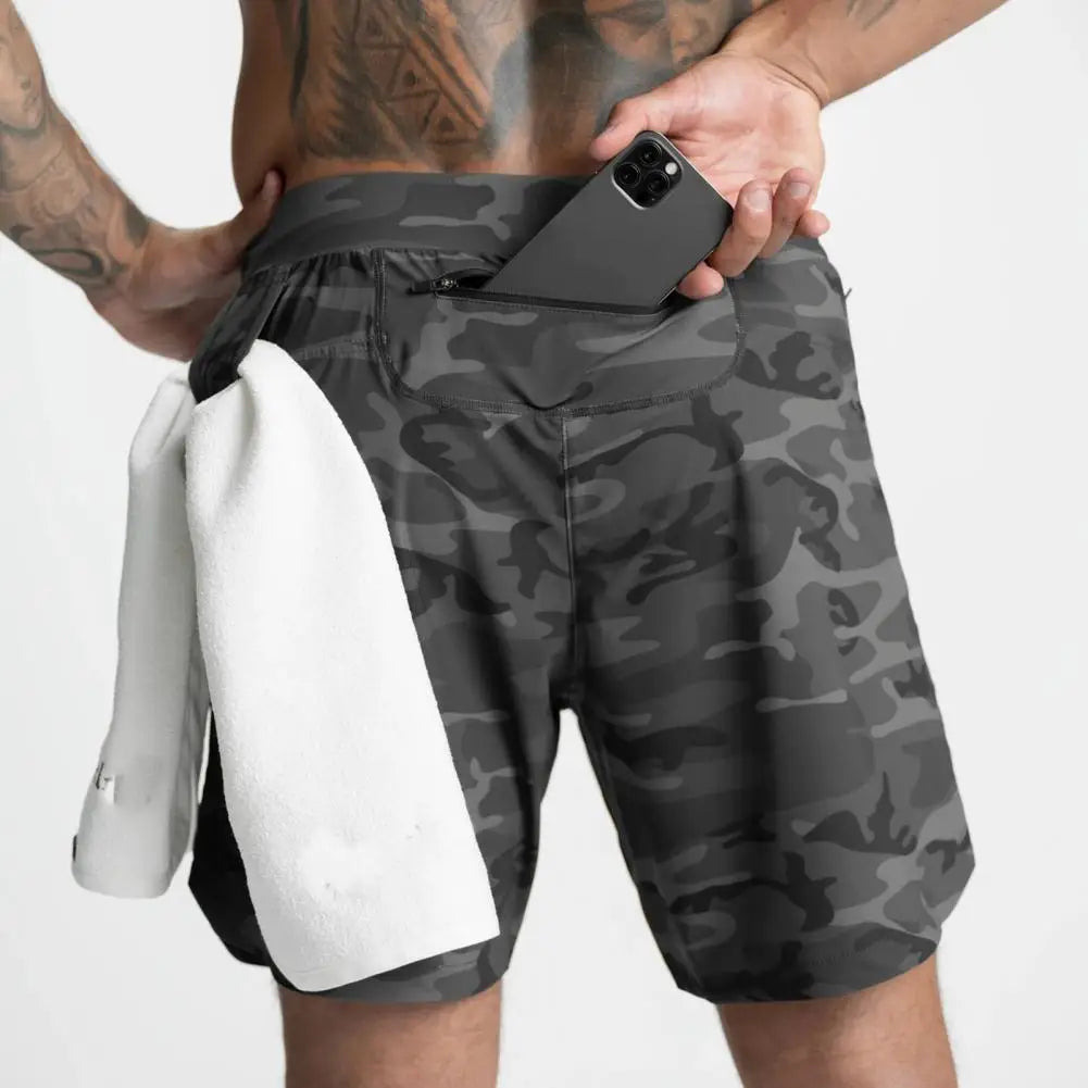 Camo Running Shorts Men 2 In 1 Double-deck Quick Dry GYM Sport Shorts Elastic Waist Zipper Pockets Drawstring Jogging Sweatpants