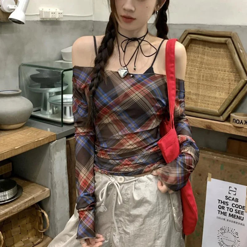 Xingqing y2k Tops Women Grunge Fairycore Clothing Plaid Print Off Shoulder Long Sleeve Mesh T Shirts 2000s Clothes Streetwear