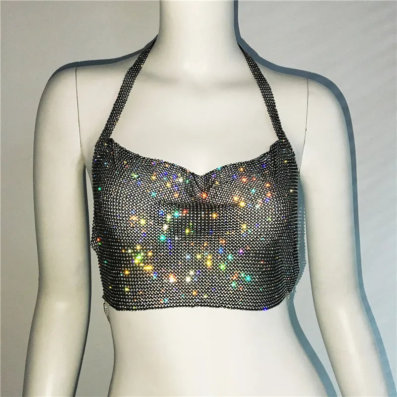 AKYZO-Sparkly Diamond Tank Top para mulheres, alças finas de strass de cristal, costas nuas sexy, top curto de clube, festa rave de festival