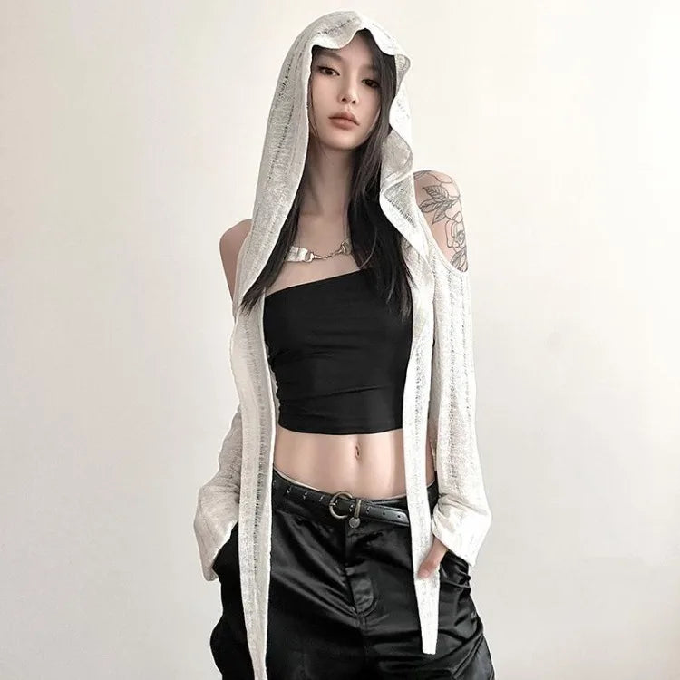 Punk Street Long Sleeve Hollow Out T-shirts 2025 Summer New Hoodie Tops Women American All-match Chains Black Tee Shirt