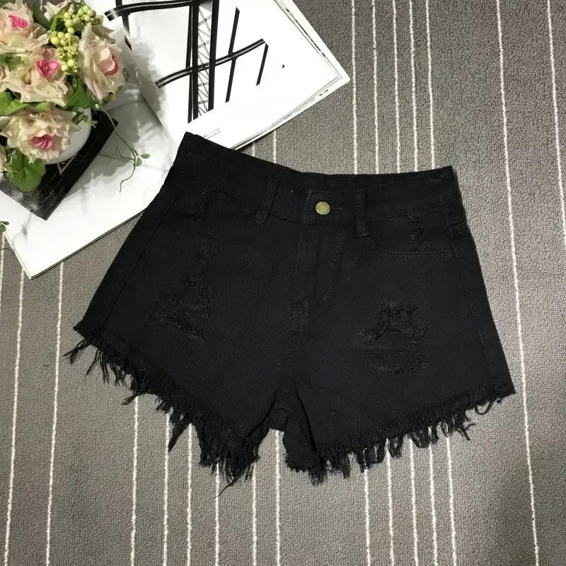 New Shorts Female Casual High-waisted Denim Shorts Female Summer Pocket Tassel Ripped Ripped Jeans Female Short Style Soft