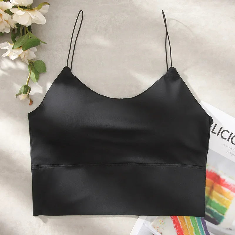 New Summer Ice Silk Vest Top Women Sexy Built In Bra Off Shoulder Sleeveless Camisole Underwear Crop Tops Sports Spaghetti Strap