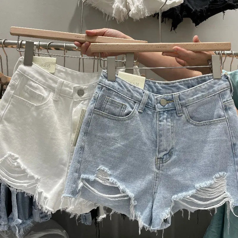 Summer Women's New High-waisted Loose-fit Jeans Shorts Korean Fashion A-line Distressed Hot Y2k Denim Shorts For Women