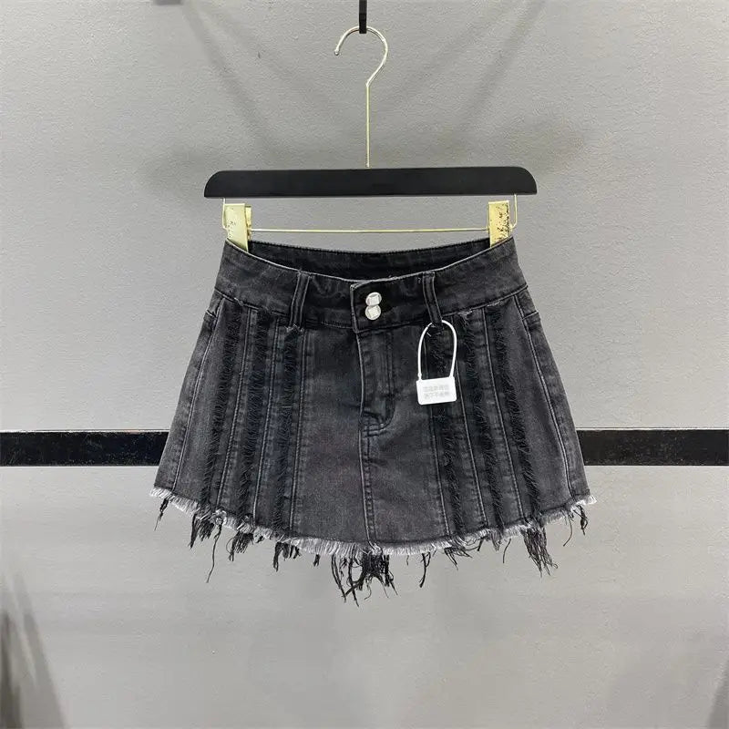 retro fringe patchwork striped A-line denim skirt for women with rough edges, spicy girl A-line ultra short anti glare skirt