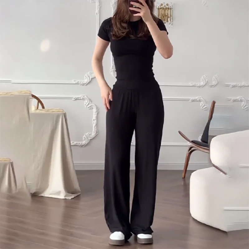 Elegant O-neck Pullover Tops & Long Pants Suits Women Casual Short Sleeve Slim 2Pc Outfits 2025 Fashion Draped Solid Sport Sets