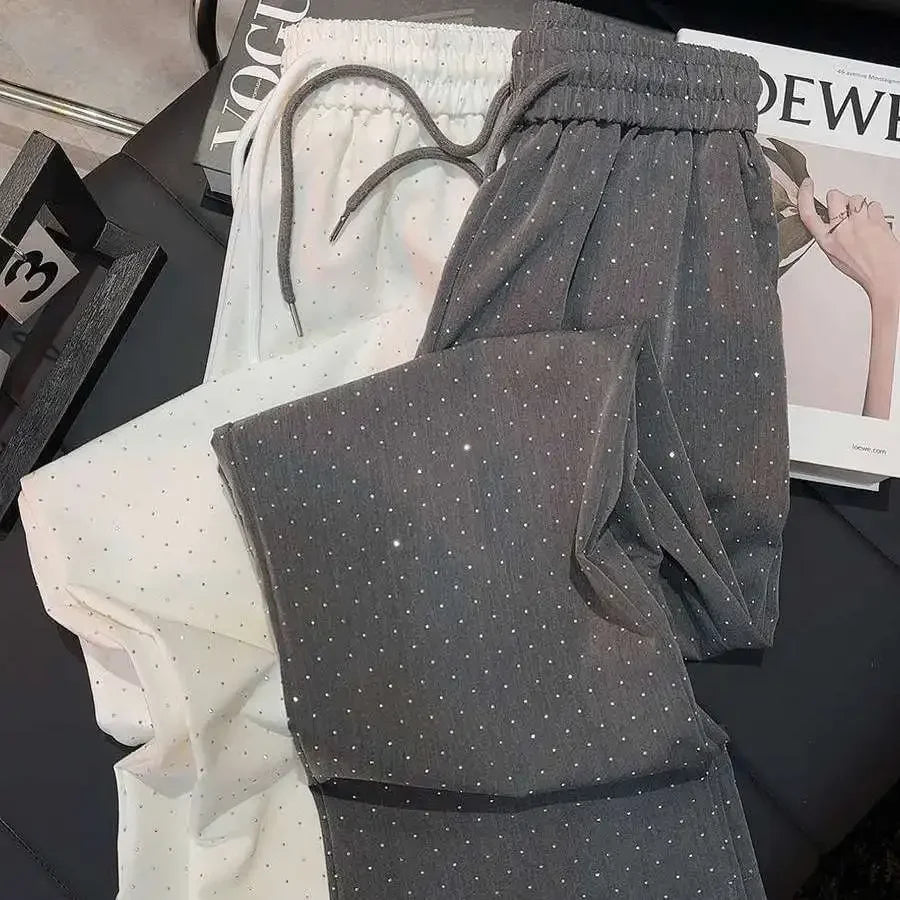 Verão Novas Mulheres Calças Diamante Reta Cintura Alta Casual Cordão Cintura Elástica Pantalones Beading Preto Calças Retas