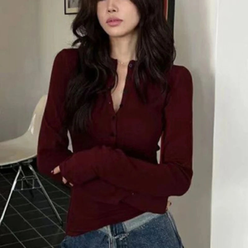 Long Sleeve Tshirts Women Slim Autumn Winter Buttons Solid Tops Skinny Sexy Girls Tees All-match Soft Streetwear Simple Casual