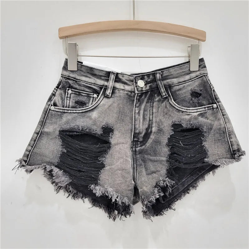 Street Style Ripped Denim Shorts Sexy All-Matching Wide Leg A- Line Frayed Ultra Short Hot Pants Jean Shorts Women Clothing