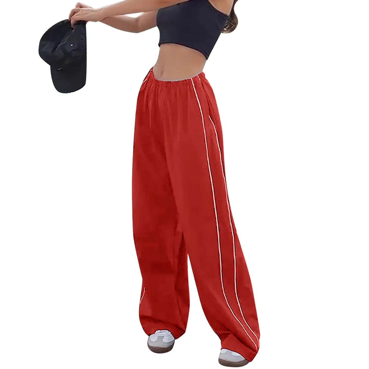 Striped Sweatpants Women Hip Hop Streetwear Baggy Wide Leg Cargo Pants Y2K Pants High Waist Drawstring Joggers Straight Trousers