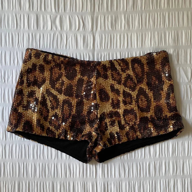 Calças justas fitness com estampa de leopardo e lantejoulas, corte tipo bota, cintura baixa, shorts coquete, shorts quentes, roupas para festa e saída