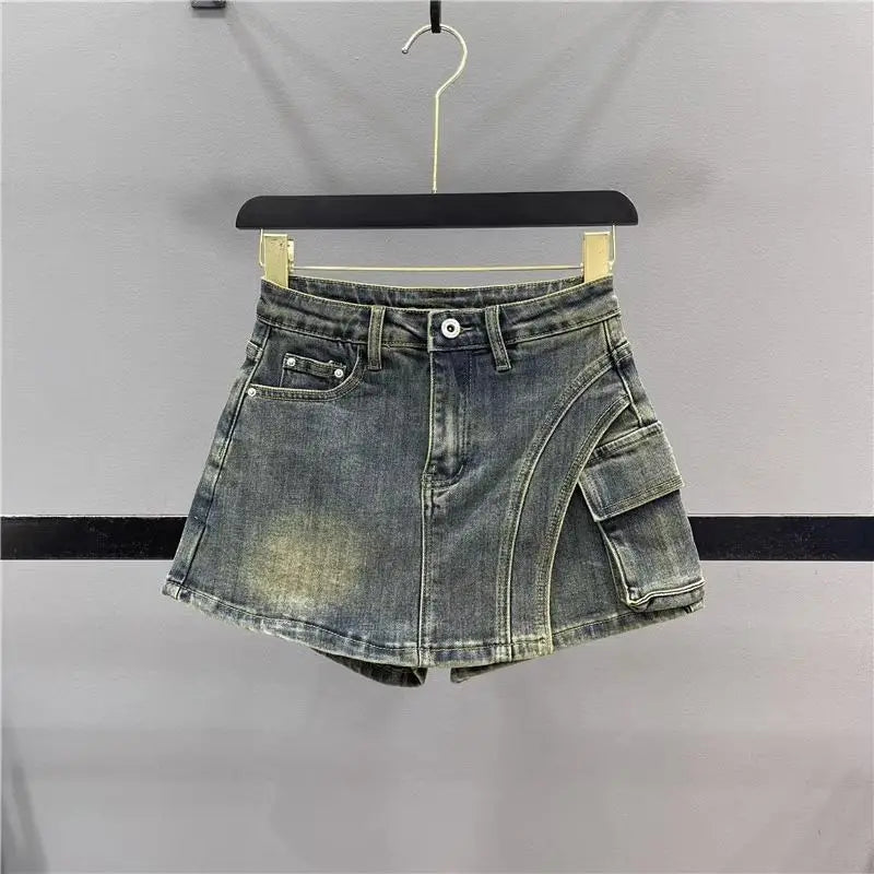 Denim Shorts Skirt Irregular Big Pockets Cargo High Waist Women Wash Grey Short A-Line Mini Skirt 2024 Summer New Fashion