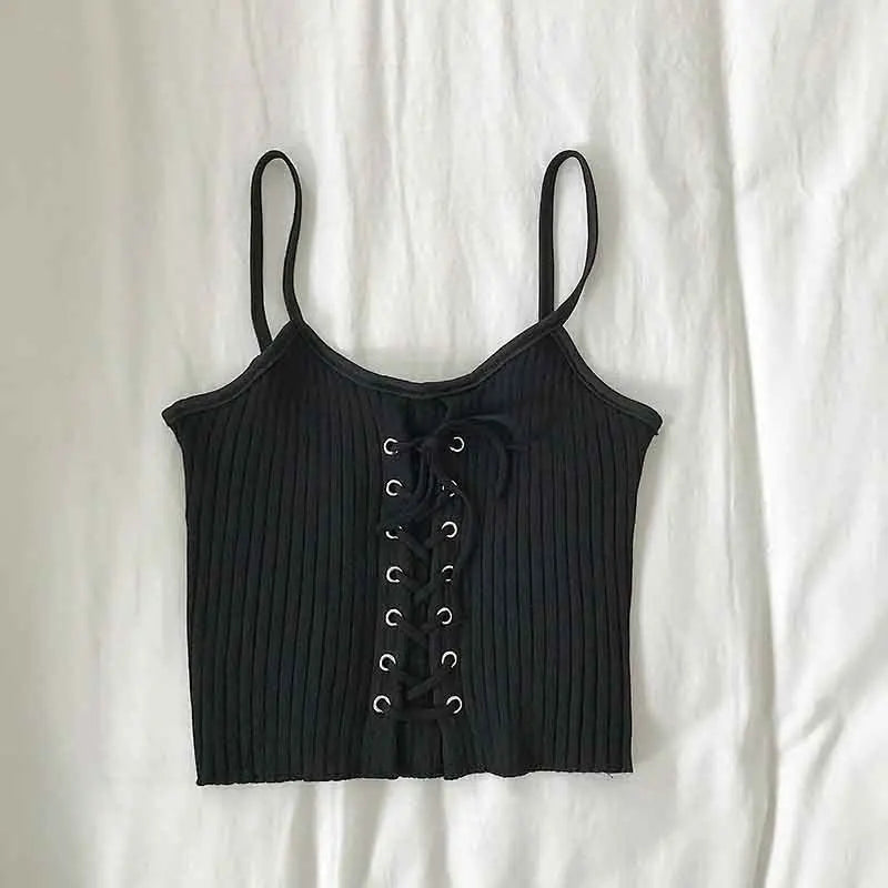 Women Y2K Bandage Crop Tops Drawstring Straps Knitted Camisole Cute Tank Crop Tops Solid Sexy Tops For Women 2024 Summer