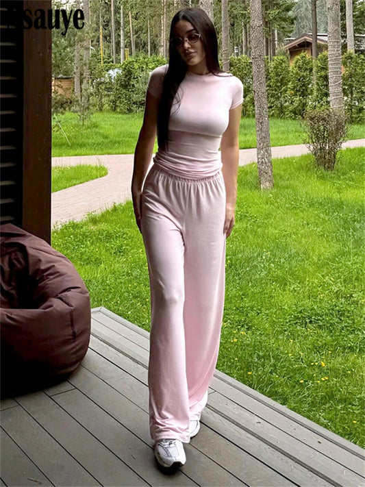 Nsauye Pullover Casual Y2K T Shirt Tops Women Tracksuit Pants Long Loungewear Fashion New In Matching Two Piece Summer Set 2025