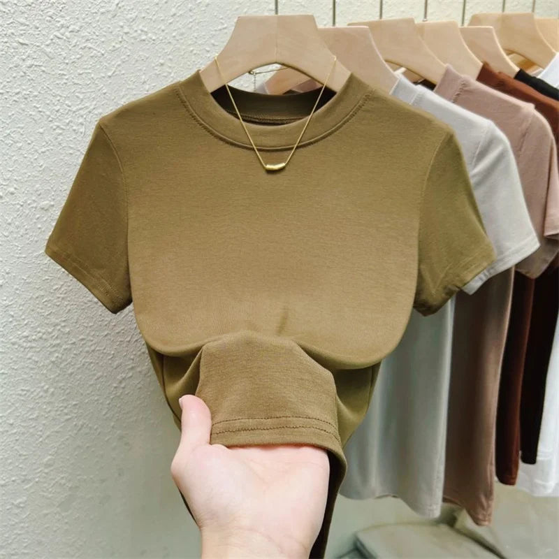 New High Quality Casual WomenT shirt Sexy Slim Short Sleeves Pink Plus Size Fashion Crew Neck Trend Solid Women Clothing Tops