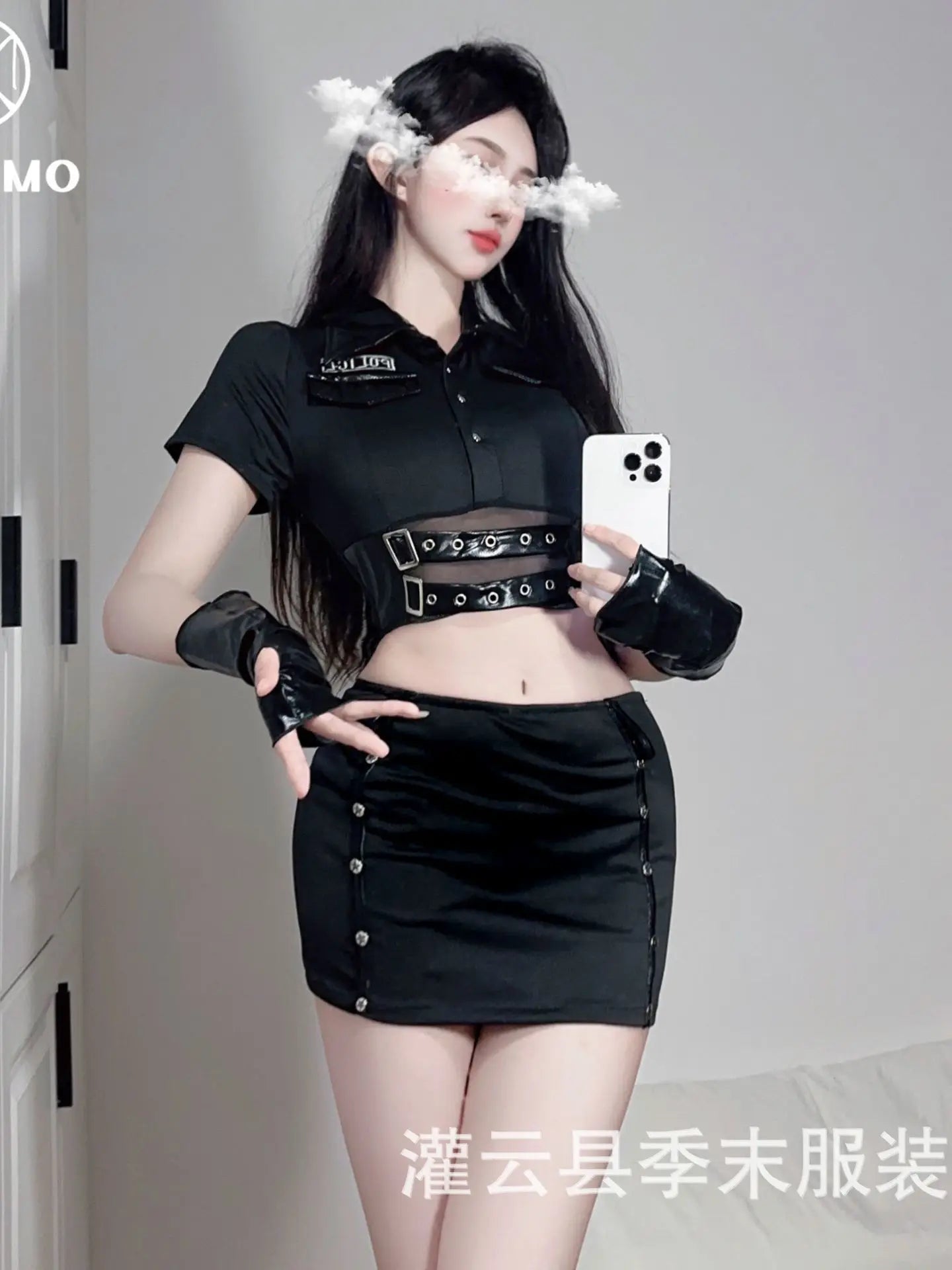 Sexy Women Leather Belt Zipper Design Erotic Nightclub Fashion Black Slim Top Uniform Sheer Role Playing Skirt Set Passion KXF6