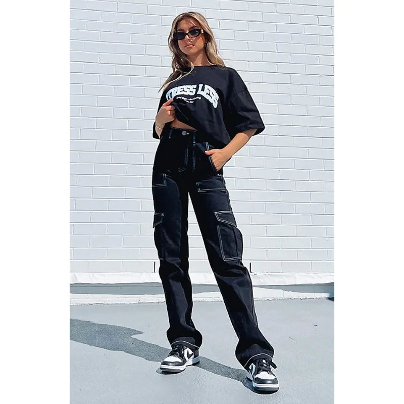 Trend Women Cargo Pants Streetwear High Waist Solid Color Casual Trousers Bottom Stitching Straight Multi-Pocket Cargo Pants