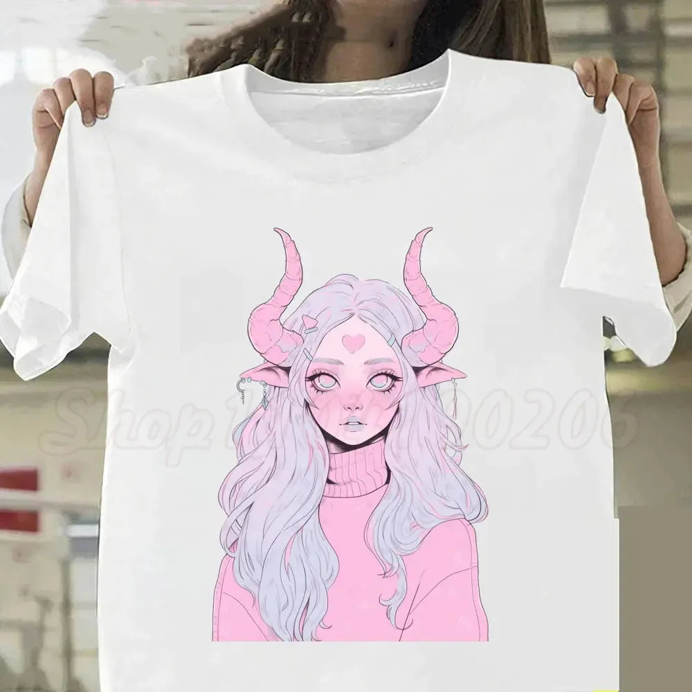 New Pink Demon Girl T-Shirt Streetwear Y2k Graphic Angel T-Shirt Harajuku Summer Women Aesthetic Oversized Outfit Tee Shirt