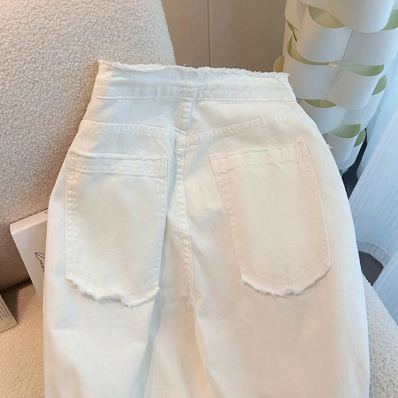 Bomon Design Waist Drawstring Adjustable Jeans For Women In Spring High Waist Loose Slim White Jeans Wide Leg Mopping Pants