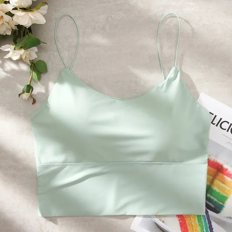 New Summer Ice Silk Vest Top Women Sexy Built In Bra Off Shoulder Sleeveless Camisole Underwear Crop Tops Sports Spaghetti Strap