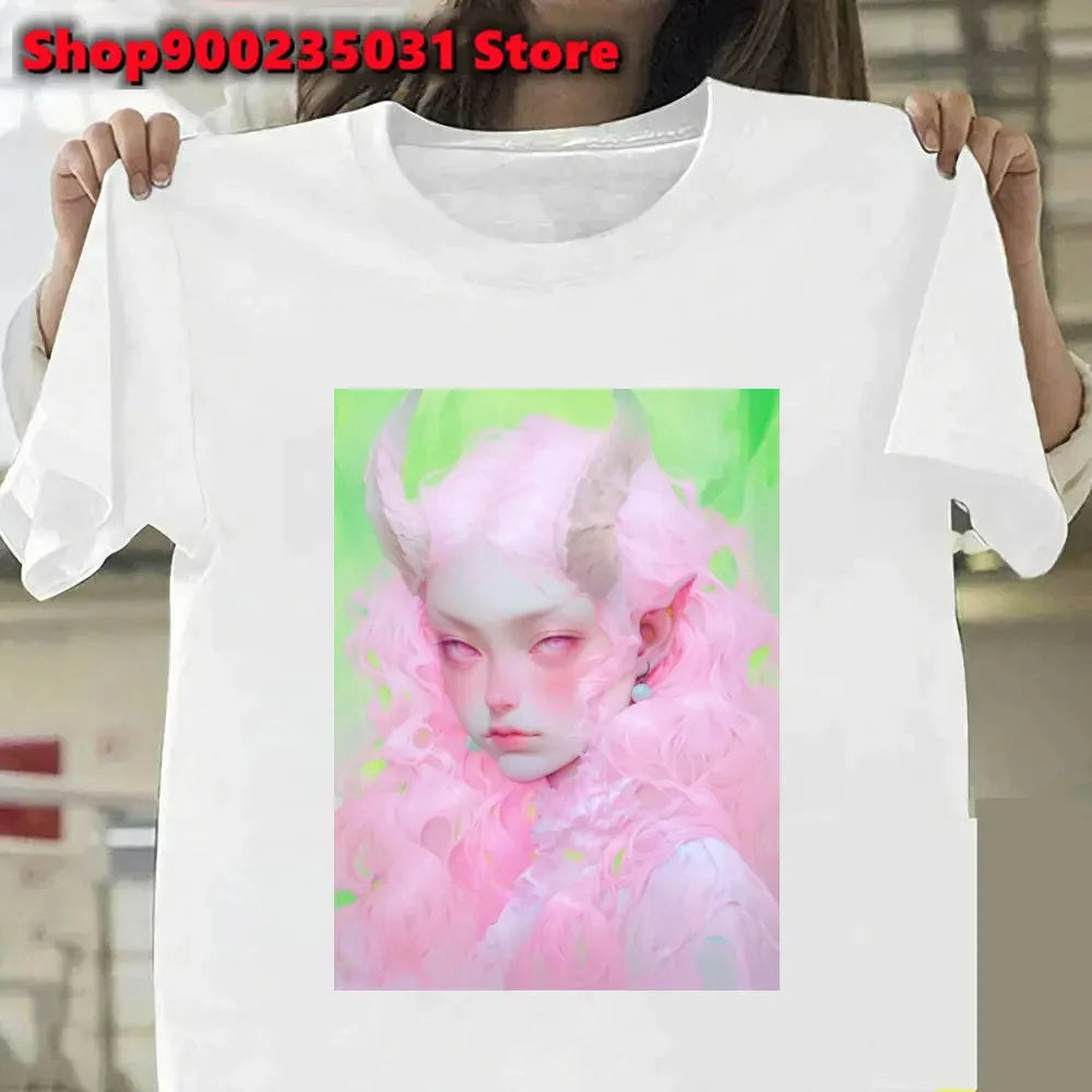 New Pink Demon Girl T-Shirt Streetwear Y2k Graphic Angel T-Shirt Harajuku Summer Women Aesthetic Oversized Outfit Tee Shirt