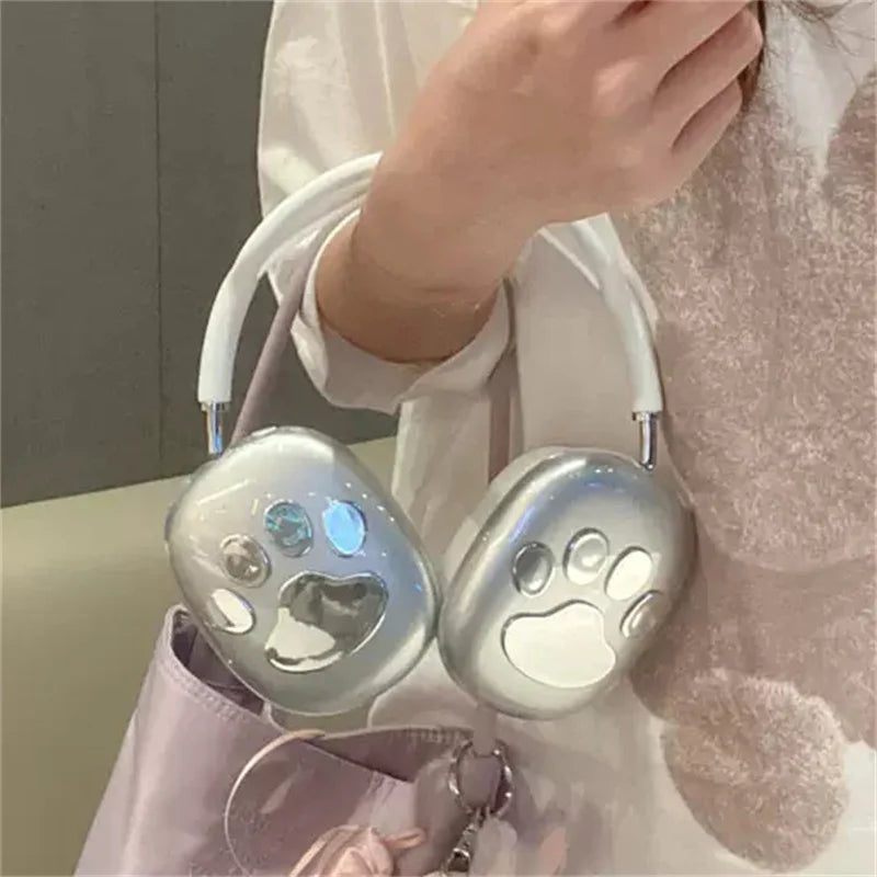 Para Airpods Max Fone de Ouvido Estojo Kawaii Prata Gato Pata Silicone Capa Protetora Para Apple Airpods Max Bonito Transparente Fone de Ouvido