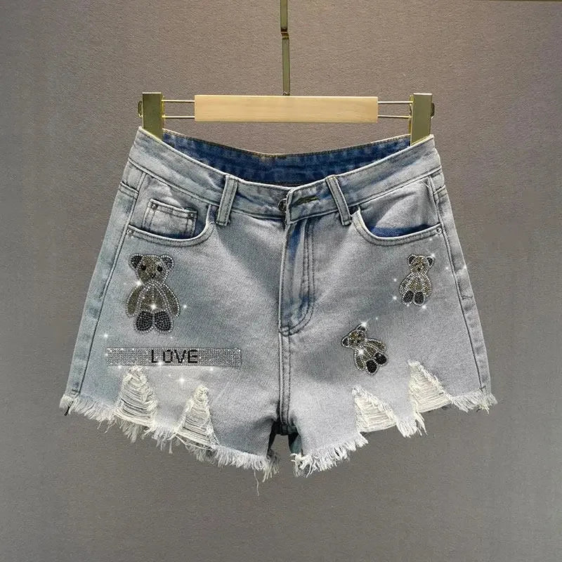 Women's 2024 Summer New High Waist Little Bear Hot Diamond Shorts with Broken Hole Ragged Edge Denim Shorts Female Streetwear