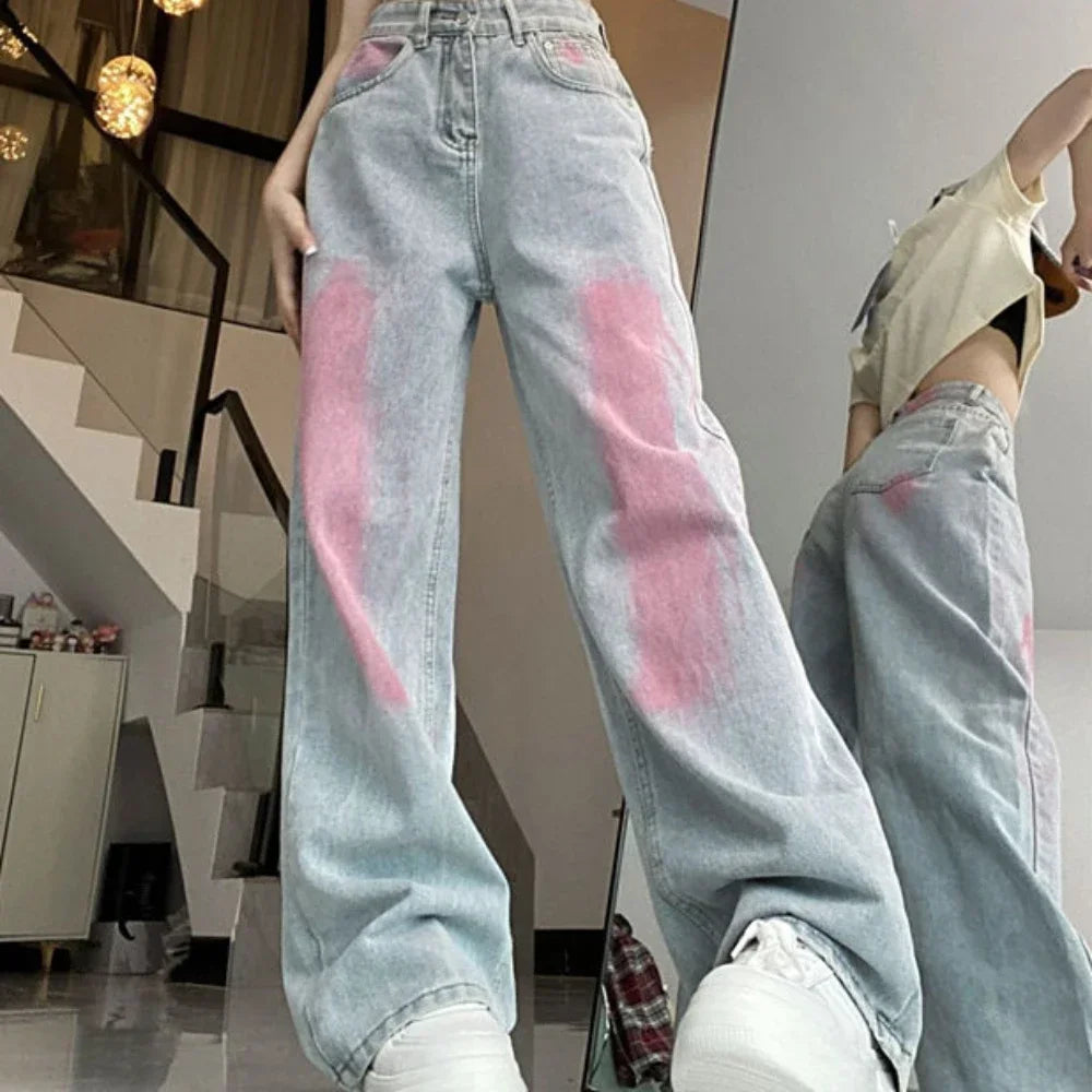 Pants for Women High Waist Shot Blue Womens Jeans Straight Leg Trousers with Pockets Retro Fashion Casual Cool Stretched Cheap A