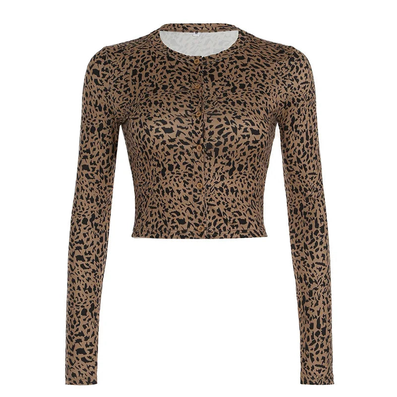 2024 Autumn Knitted Leopard Slim Casual 2 Piece Set Women Single Breasted Long Sleeve Crop Top Low Waist Skinny Pants Streetwear