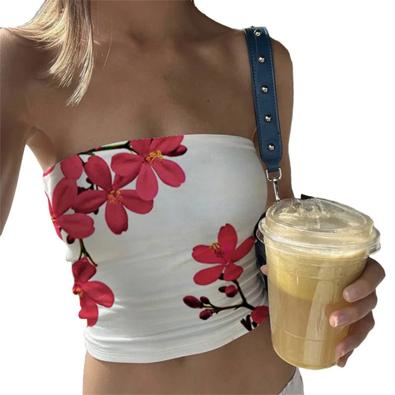 Tops de verão para mulheres com estampa floral e ombros de fora, sem alças, estilo bandeau, estética dos anos 2000, roupas y2k