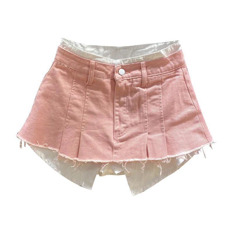 Spring and Summer New Fake Two-Piece Patchwork Pink Short Denim Skirt Women Slimming A-line Mini Pleated Skirt High Street