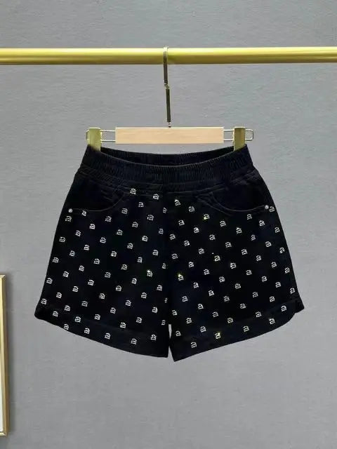 Denim Shorts for Women's Fashion 2024 New Summer High Waisted Loose Slimming Ins Rhinestone Wide Leg Shorts Hot Pants