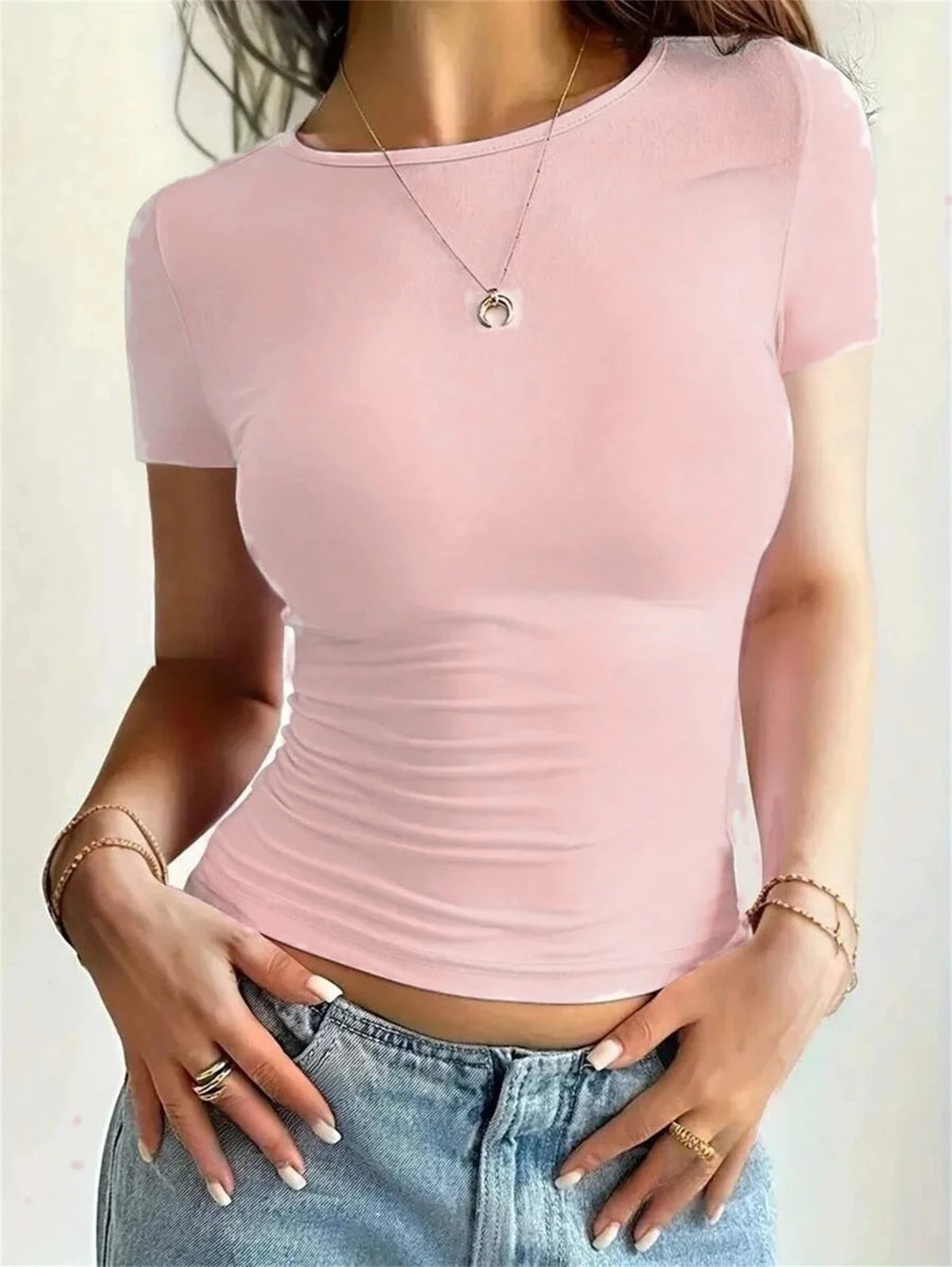 Women's Summer Solid T Shirts O Neck Slim Short Sleeve Pullover Shirt Casual Basic Crop Tops Fashion New In Tees Y2K Sexy Blouse