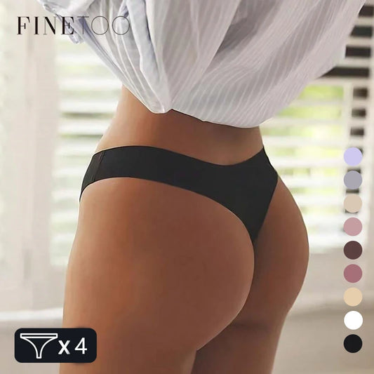 FINETOO 4PCS Seda Cetim Sem Costura Cueca Cintura Baixa Tangas Sexy Cor Sólida Biquíni Cuecas Femininas Elásticas Lingerie Íntima