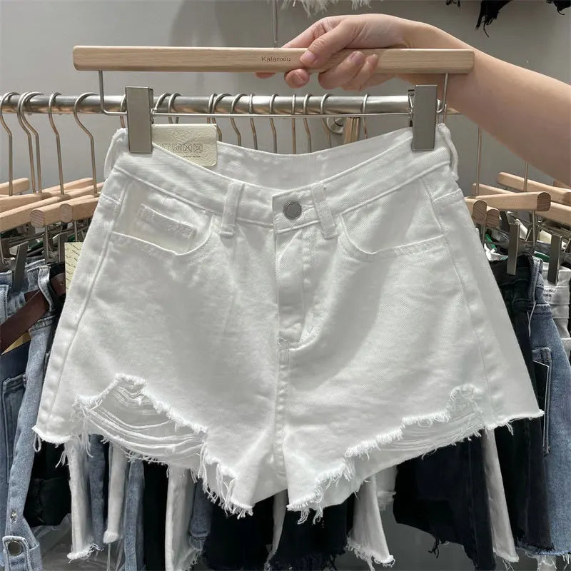 Summer Women's New High-waisted Loose-fit Jeans Shorts Korean Fashion A-line Distressed Hot Y2k Denim Shorts For Women