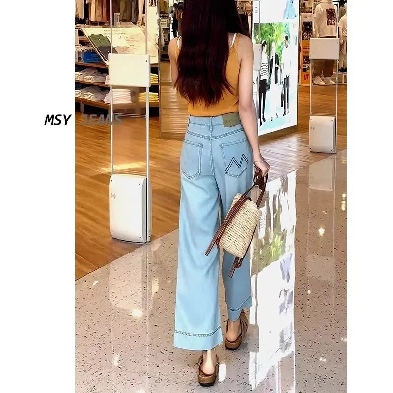 Women's Upscale Denim Jeans with Bell Bottoms and Draped Design Ice Silk Thin Fabric New Arrival Summer 2024 Fashion