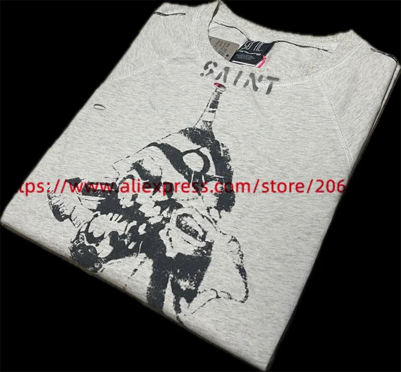 Jesus Graffiti print Saint T Shirt Men Women Retro Gray Washed T-Shirt Tee Tops