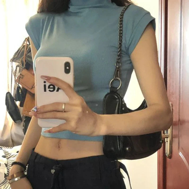 T-shirts Women Half High Collar Slim Crop Tops Sexy All-match Minimalist Summer Streetwear Fashion Tender Y2k Soft Korean Style