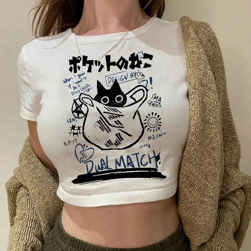 Women 2000s Sweet Funny Cat T Shirt Crop Top Women Shirt Cropped Ulzzang T-shirt 90s Tshirt Top Tee Female Gothic Shirt