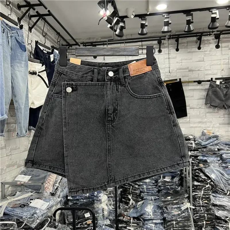 Plus Size High-Waisted Plus Size Denim Skirt Pants Summer New Style Versatile Two-Piece Illusion Irregular Character Skort