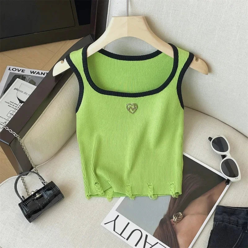 American Style Sexyknit Heart Shaped Tank Top For Women Versatile Color Blocking Summer Outer Wear Plus Size Vest/Suspender