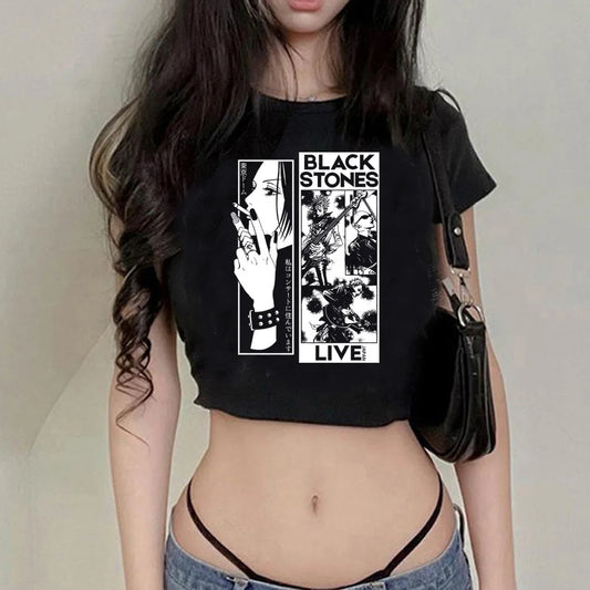 Printcess Women's Y2K Sexy Slim Short SleeveRound Neck Crop Top Dark Comics Print CropTee Cool Street Fashion Women Clothing