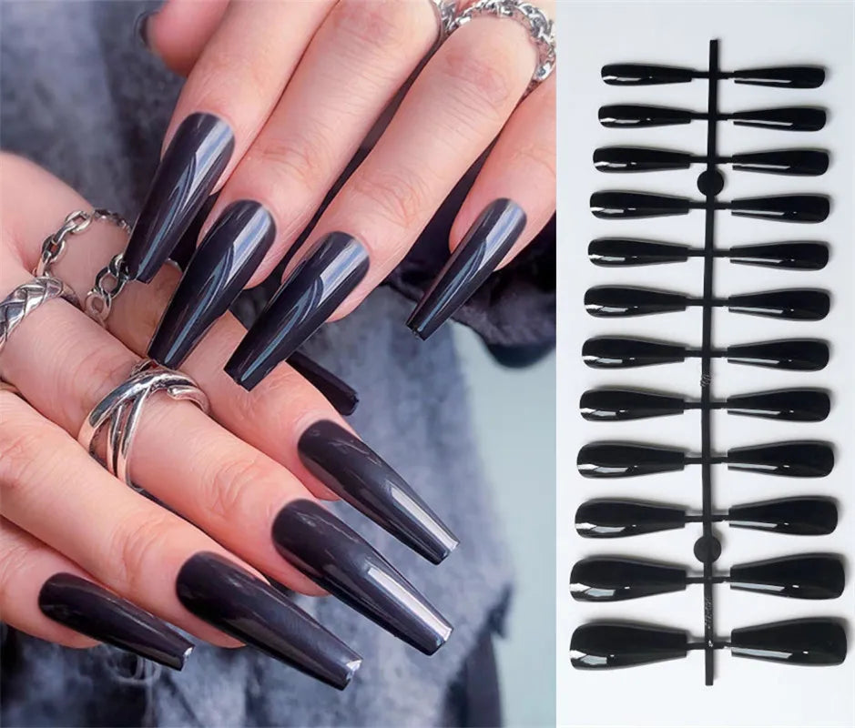 Red Black Gradient Press on Nails Medium Length Coffin Fake Nails with Sticky Tabs Ballerina False Nails Tips for Women 24Pcs