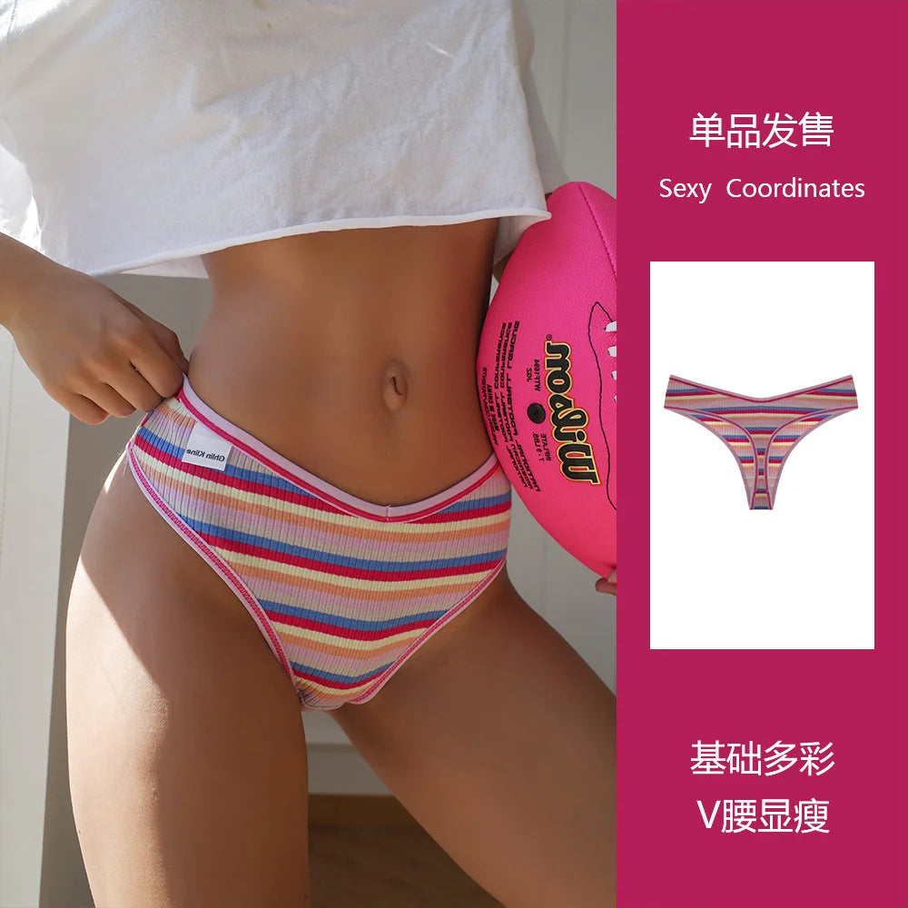 SP&CITY Rainbow Striped Cotton Thongs Sports Low Waist Sexy Fitness Underwear Breathable Panties Comfortable Seamless Briefs