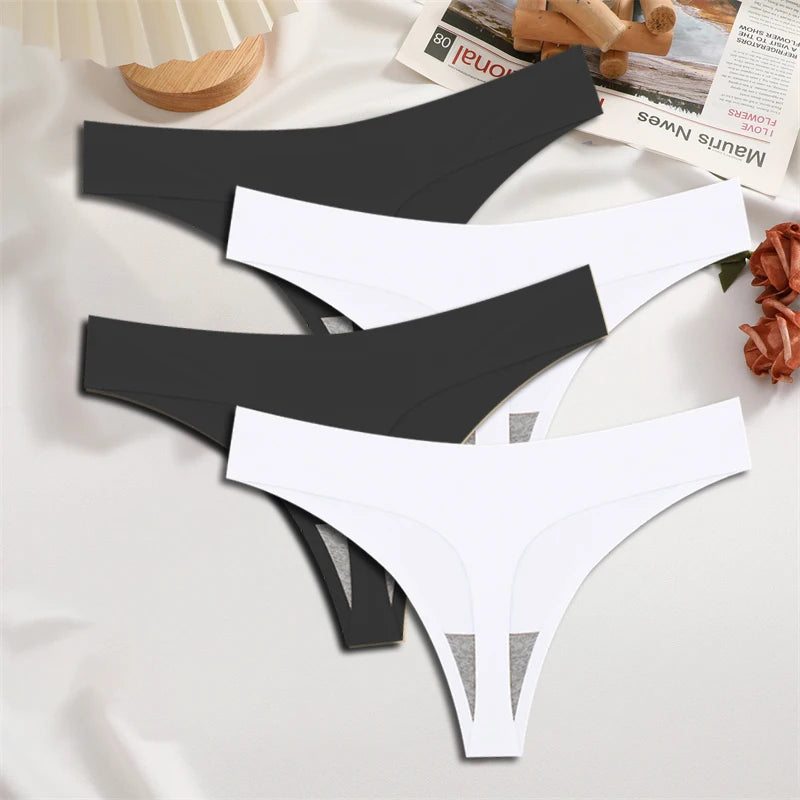 FINETOO 4PCS Seda Cetim Sem Costura Cueca Cintura Baixa Tangas Sexy Cor Sólida Biquíni Cuecas Femininas Elásticas Lingerie Íntima