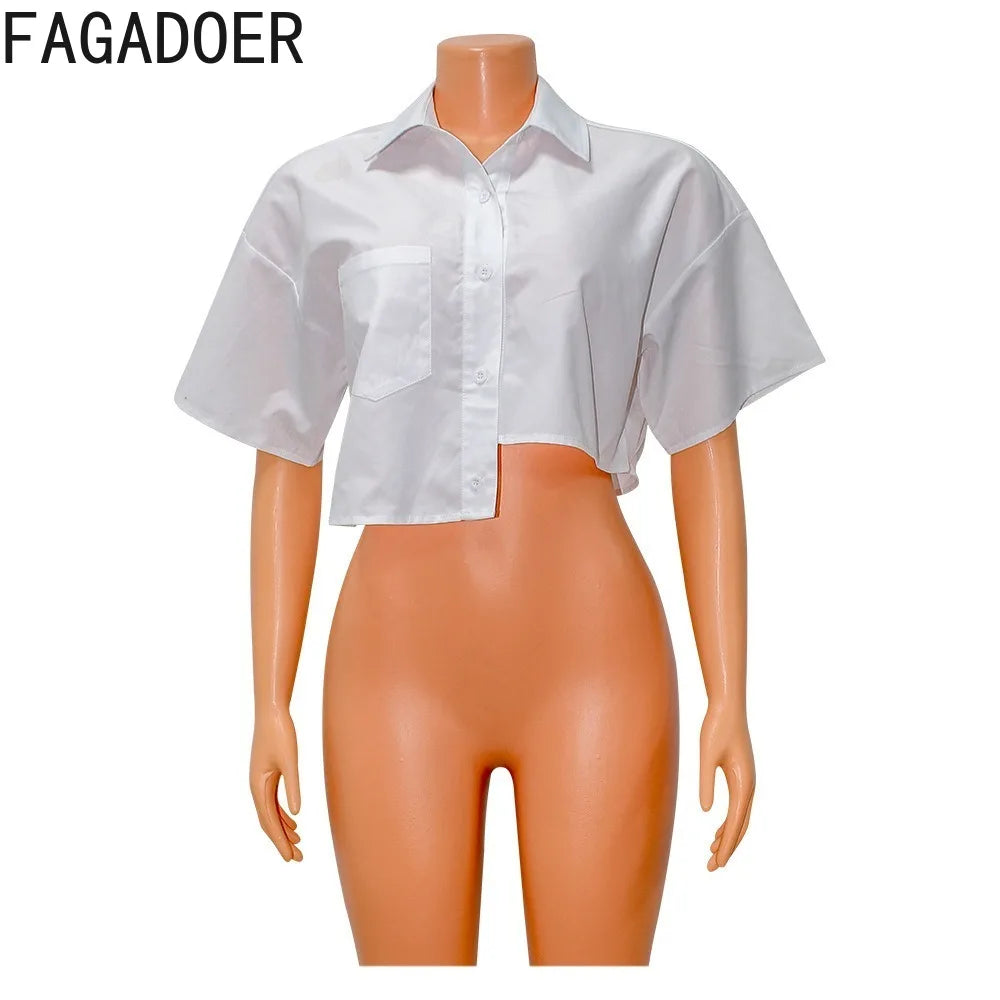 FAGADOER White Casual Solid Irregular Shirts Women Turndown Collar Button Short Sleeve Loose Crop Tops Fashion Female Streetwear