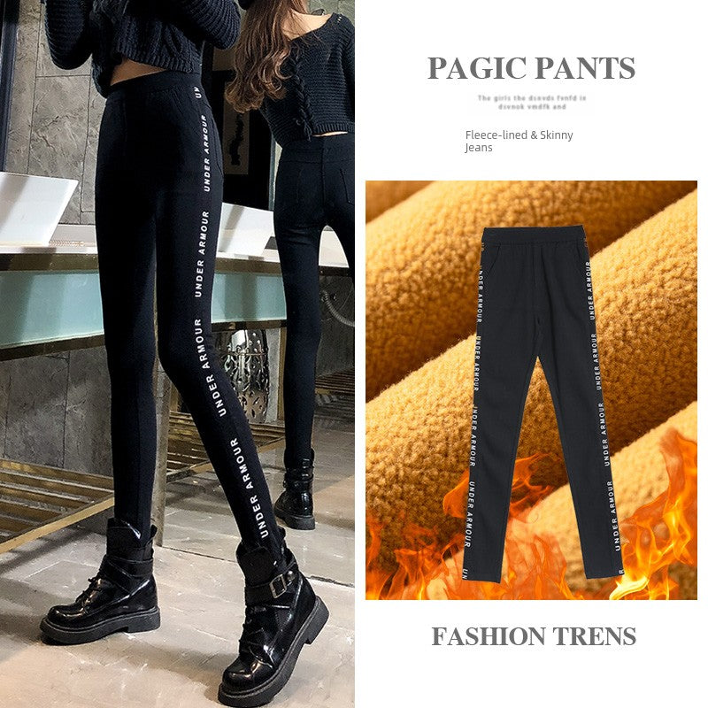 Velvet Padded Leggings Women's Outwear High Waist Slimming Letters Stretch Black Leggings Fall and Winter Lengthened Fleece Lined Skinny Tappered Pants