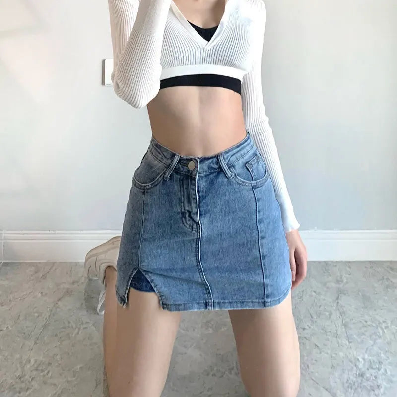 Slit Stretch High-waisted Half Body Denim Skirt, Women's New Summer Fashion Slim-fit A-line Wrap Hip Short Denim Half Body Skirt