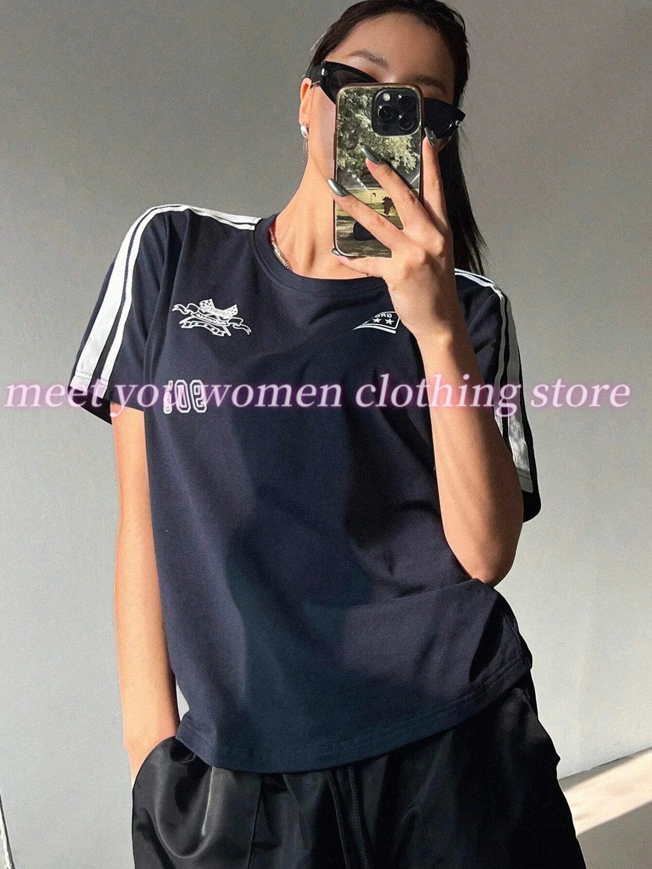 Summer 90s Bow stripe Print  t-shirt Y2K Hot Girl Clothes Women O-neck Short Sleeves Polyester Tops Oversized female Clothing