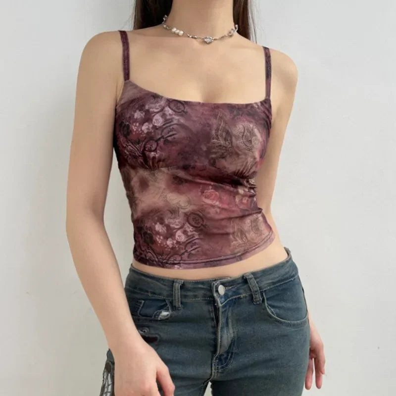 Vermelho Vintage Floral Print Y2K Cami Top Mulheres Estética Bonito 2000s Camisole Sem Mangas Slim Cropped Verão Colete Tops