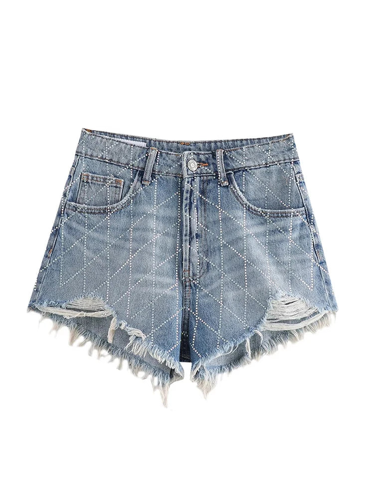 2024 European and American style summer and autumn new fashion American hot girl style versatile bright arc edge denim shorts